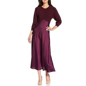 NWT Current Air Mix Media Crew Neck 3/4 Sleeve Midi Dress Burgundy Womens XS
